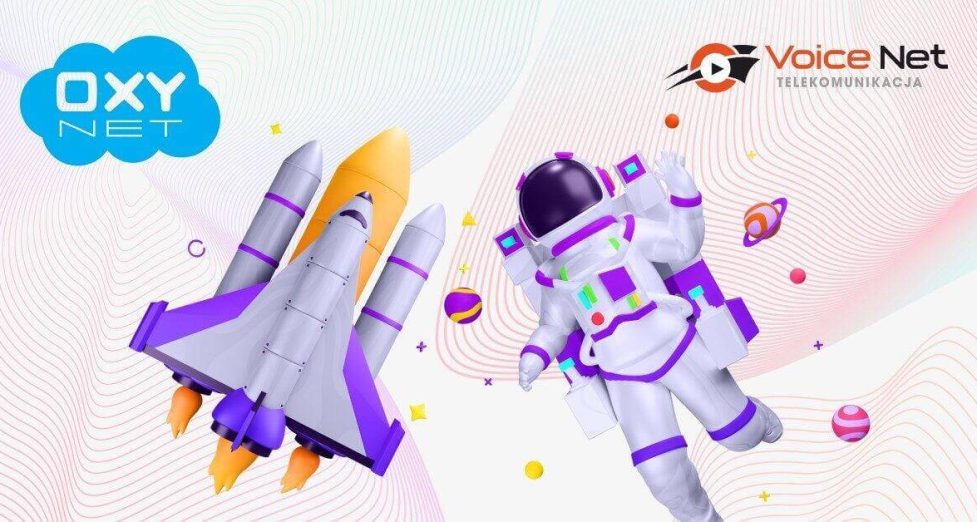 Optyczna ilustracja kosmicznej rakiety i astronauty, symbolizująca nowoczesne rozwiązania telekomunikacyjne i innowacje w firmie Oxynet Jarosław, z dynamicznym i futurystycznym designem.