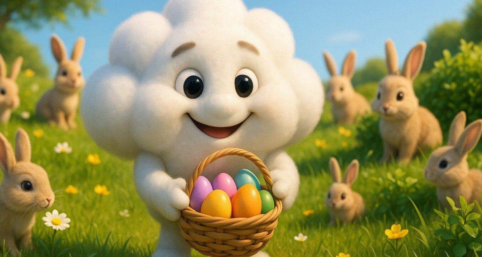 Kolorowa postać z chmurą na głowie trzyma koszyk z jajkami wśród wiosennej zieleni, otoczona zającami na tle błękitnego nieba, symbolizując święta Wielkanocne i radość wiosny.